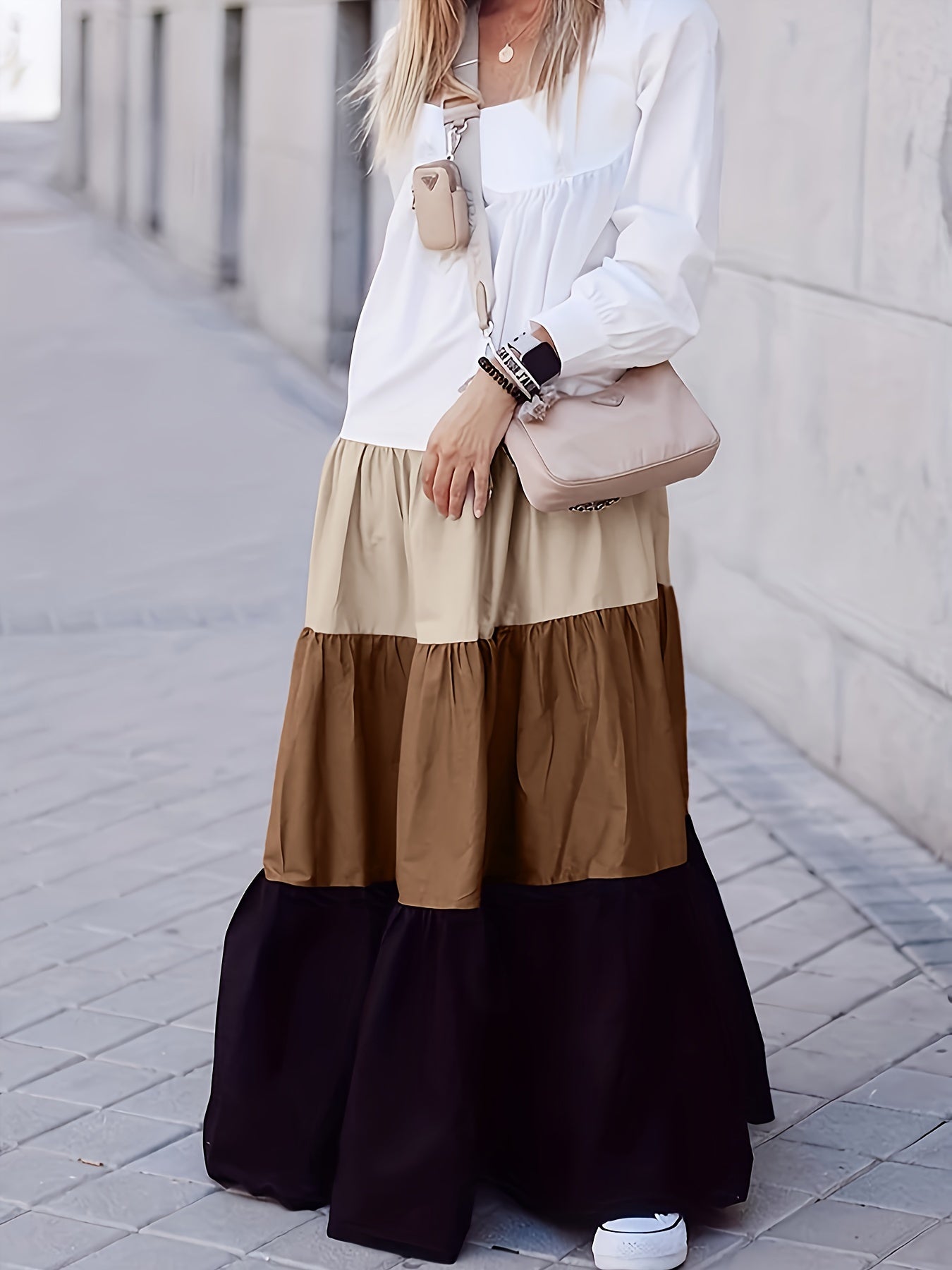  Colorblock Long Sleeve Maxi Smock Dress