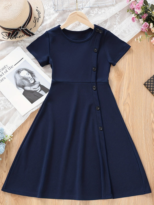 Vintage Button Decor Short Sleeve A line Dress For Party Vacation Kids