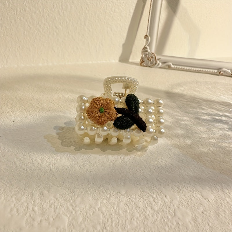 Faux Pearl Hair Claw Clip Flower Embroidered Hair Claw Nonslip Shark Claw