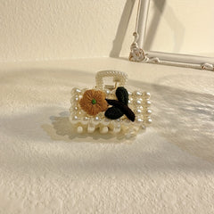 Faux Pearl Hair Claw Clip Flower Embroidered Hair Claw Nonslip Shark Claw