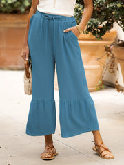  Ruffle Trim Drawstring High Waist Wide Leg Pants