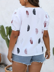  Feather Print Lace Blouse Short Sleeve Notched Neck Top