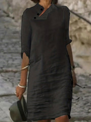 Solid Button Up Half Sleeve Dress with Stand Collar