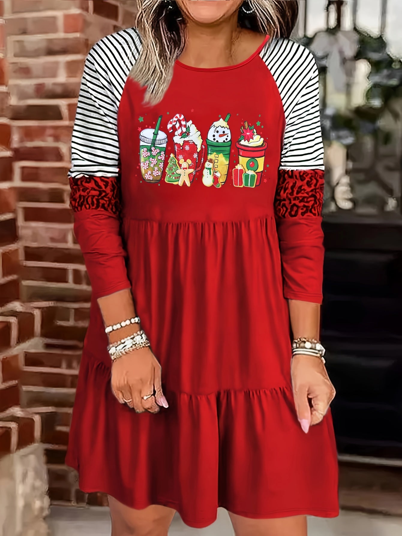 Christmas Coffee & Stripe Leopard Print Mini Dress