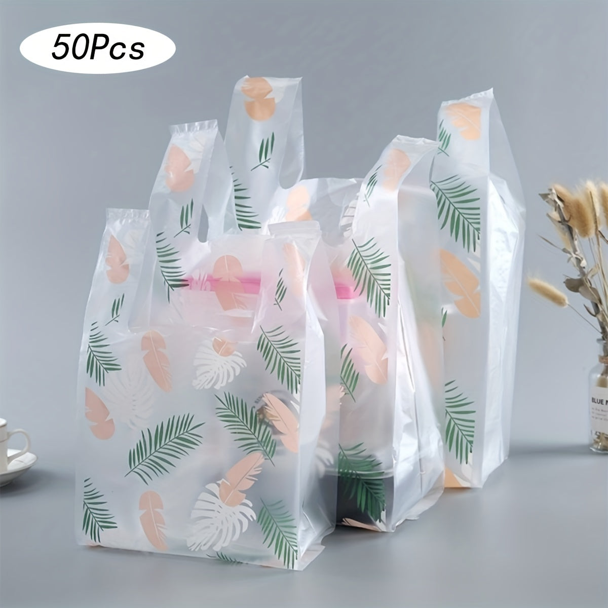 50pcs Leaf Feather Printed Shopping Bags for Take Out Grocery Shopping