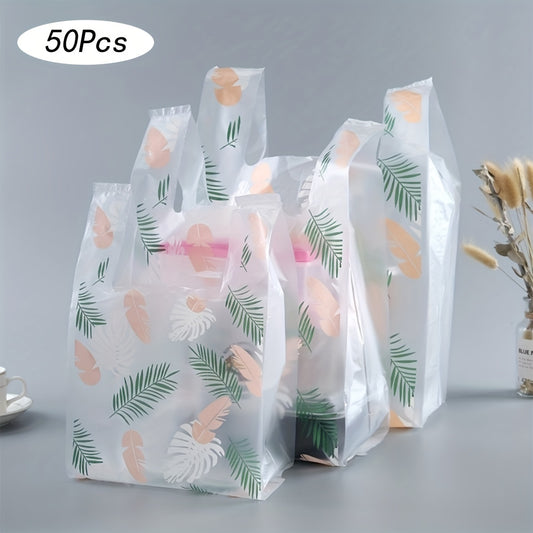 50pcs Leaf Feather Printed Shopping Bags for Take Out Grocery Shopping