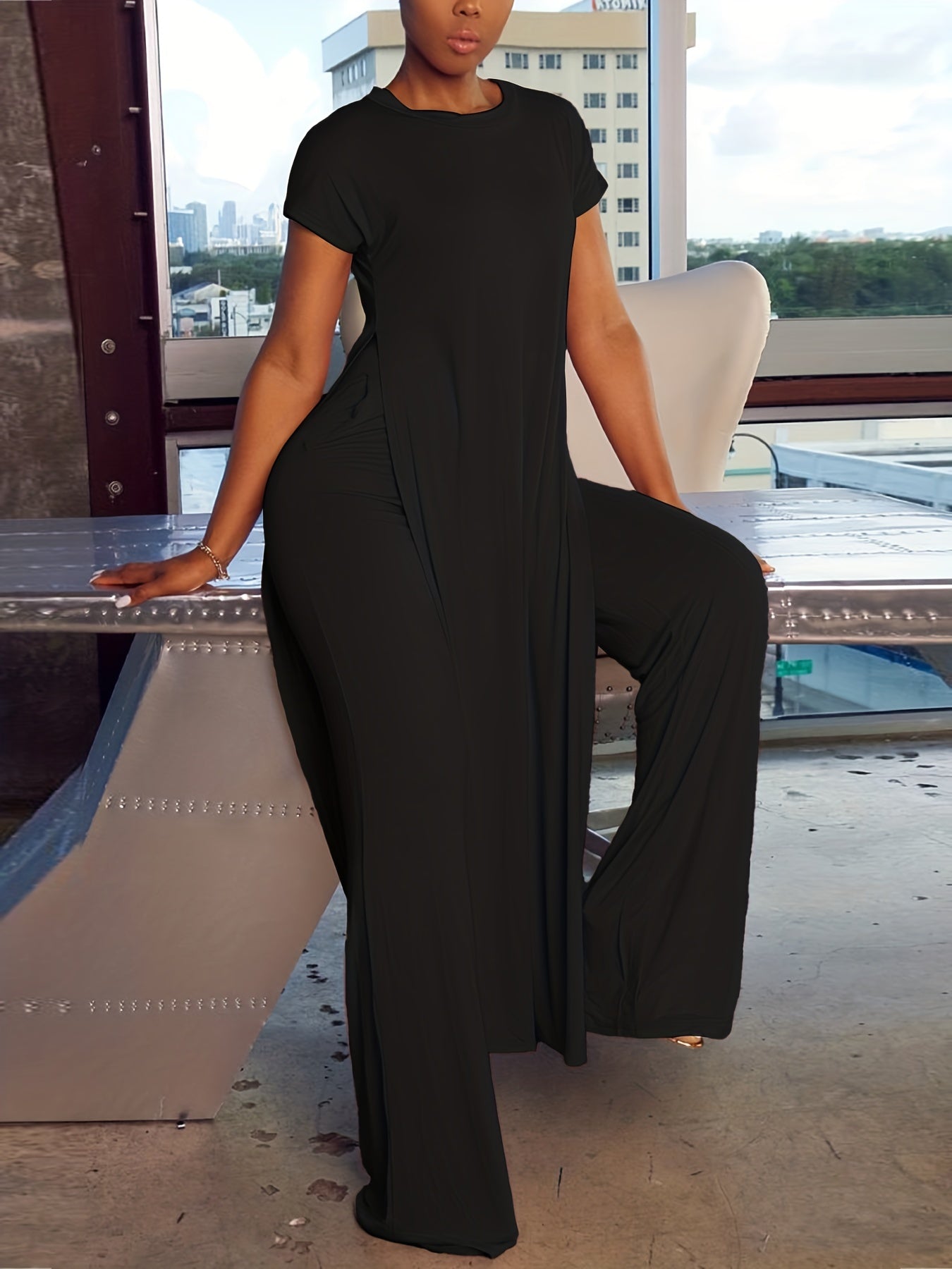 Casual Matching Two piece Set Split T shirt & Wide Leg Pants Outfits