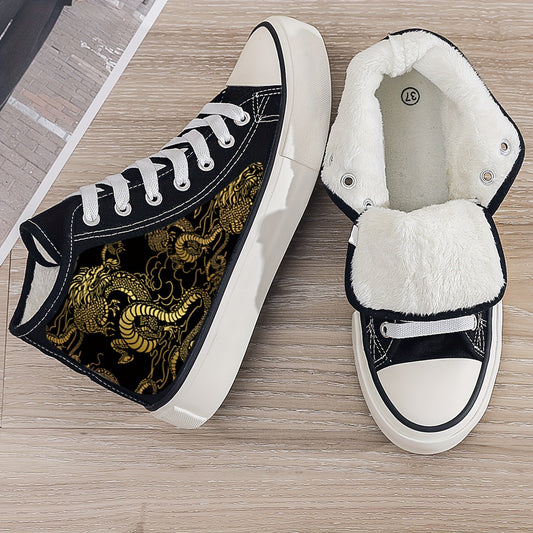 Girls' High Top Golden Pattern Skate Shoes Warm Plush Lining