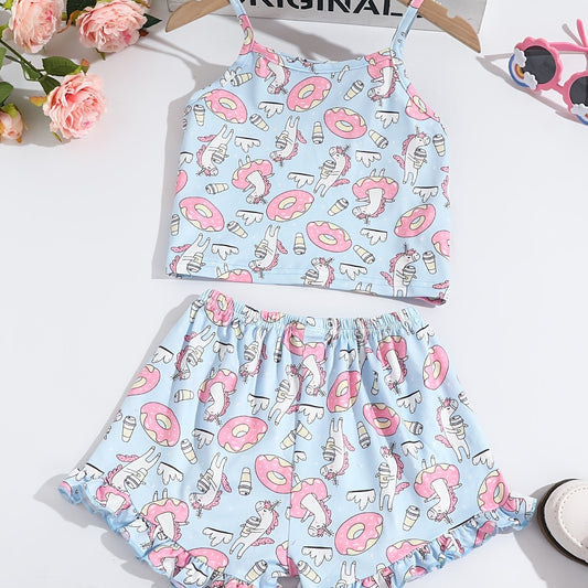 Girls Cotton Unicorn Print Camisole and Shorts Set Summer