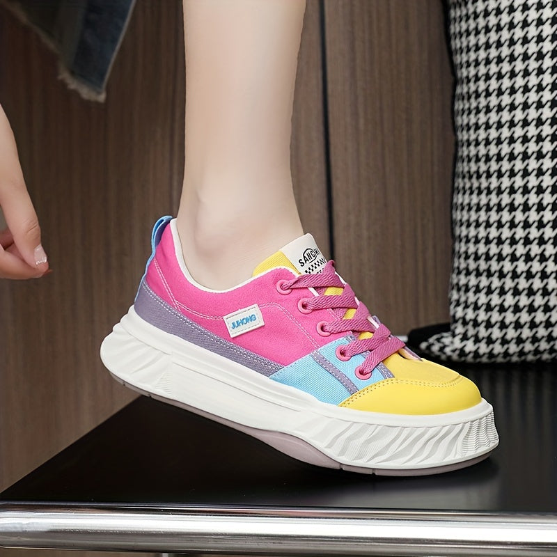 Colorblock Platform Sneakers Lace Up Low Top Canvas Shoes