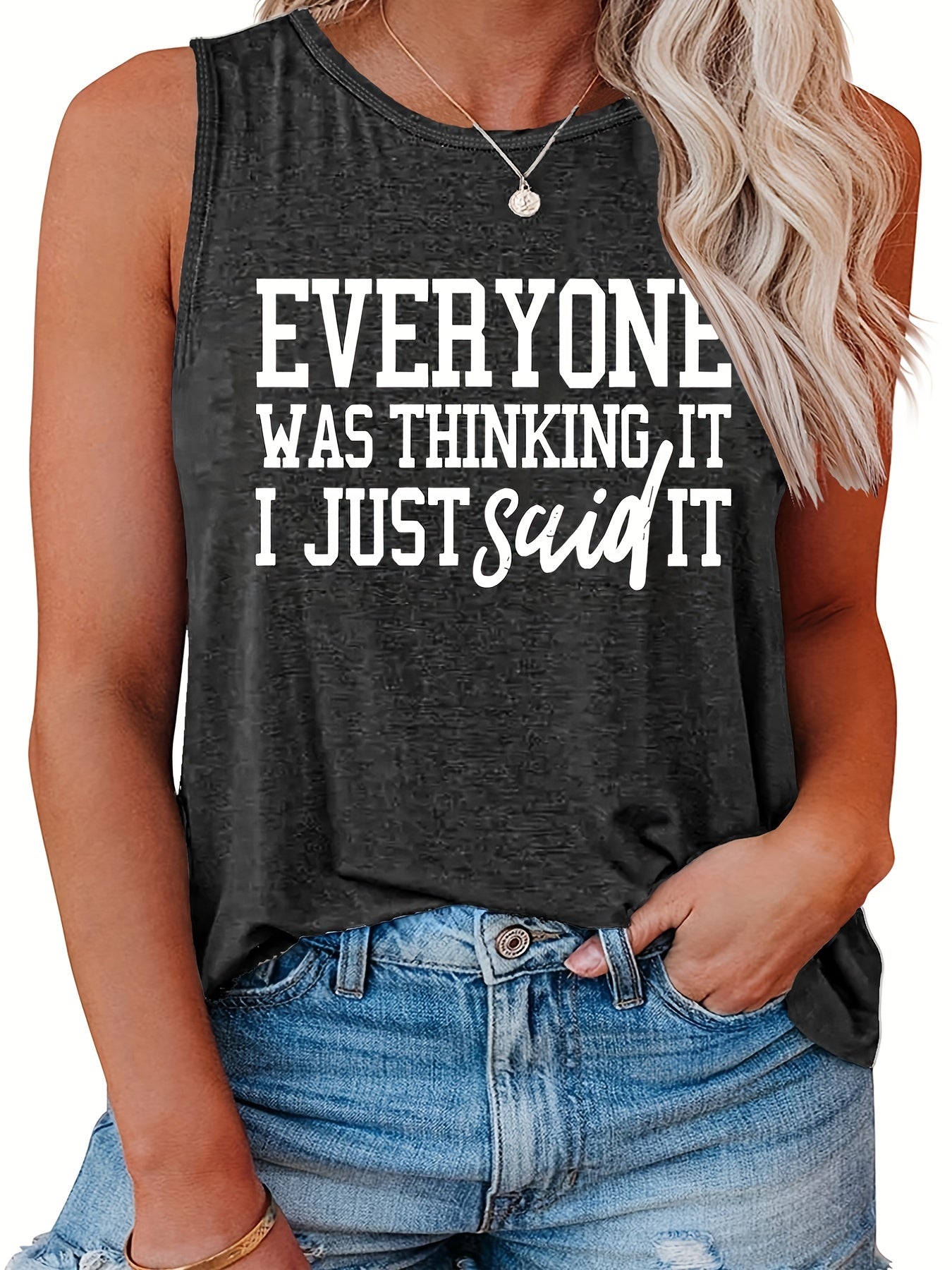  Casual Tank Top Women's Plus Slogan Print Round Neck Tank Top