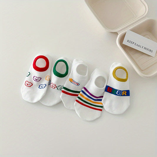 5 Pairs Girls Stripes Bear Boat Socks Spring Autumn