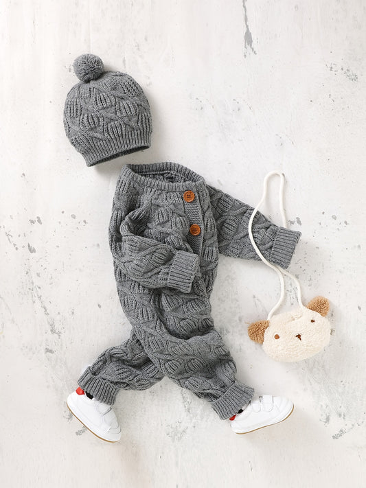 Baby Cable Knit One Piece Jumpsuit Hat Long Sleeve Romper