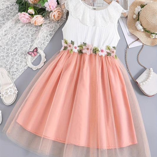 Girls Sleeveless Mesh Dress With Lace Neckline & Flowers