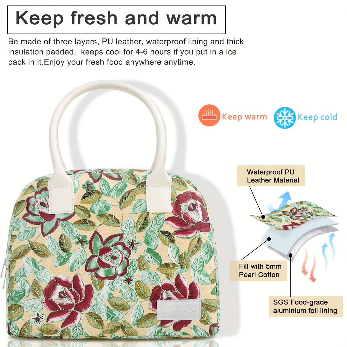 Rose PU Insulated Lunch Bag With Handle And Zipper