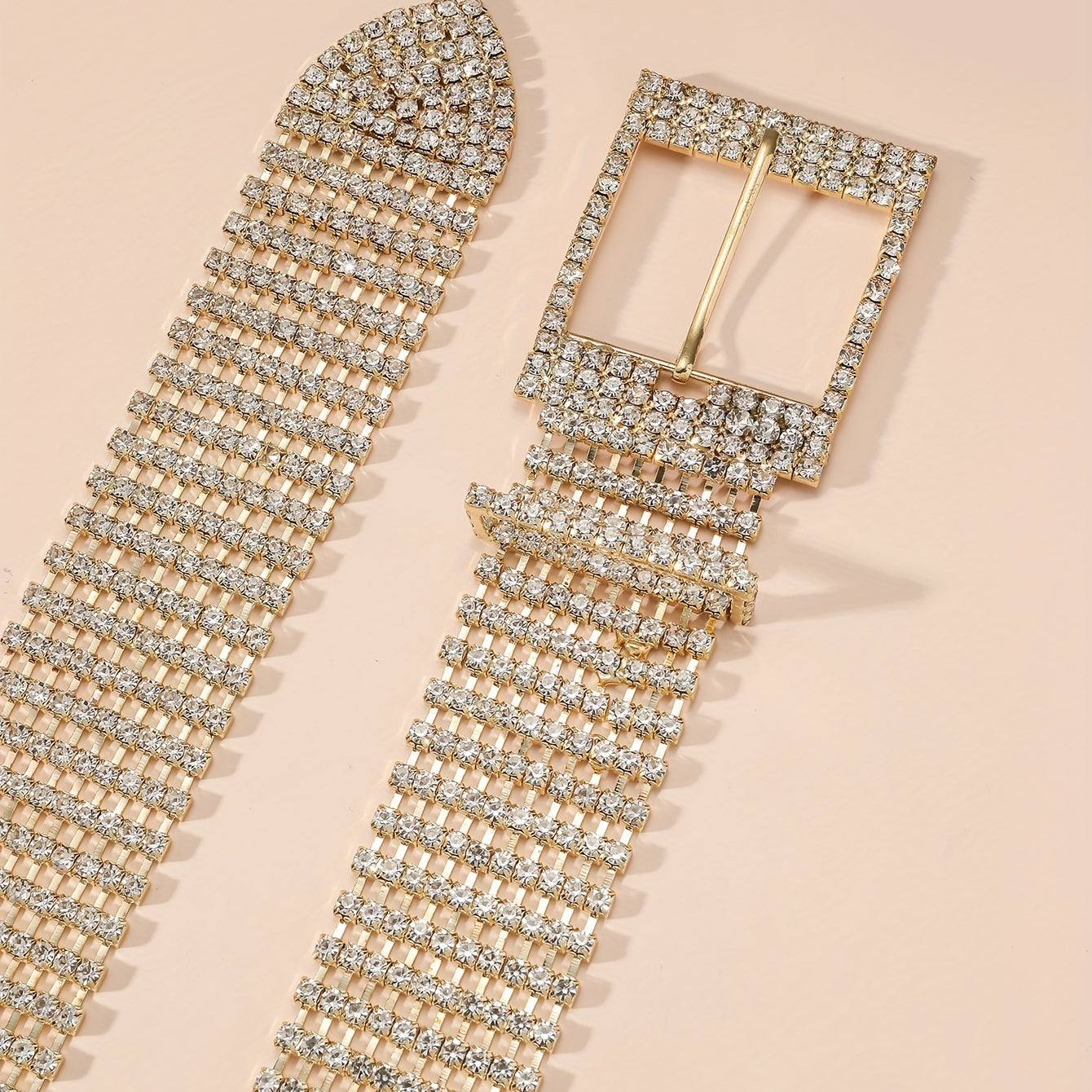 Rhinestone Inlaid Metal Square Buckle Belt Stylish Hollow Out Wide Dress Girdle