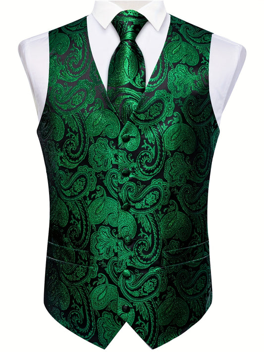 DiBanGu Mens Vest Silk Jacquard Woven Waistcoat Sleeveless Gilet