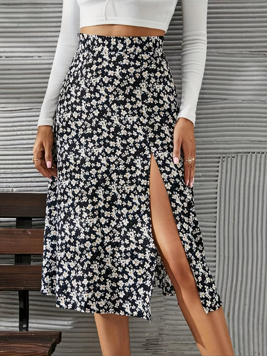 Floral Print Slit Skirt Casual High Waist Spring Summer