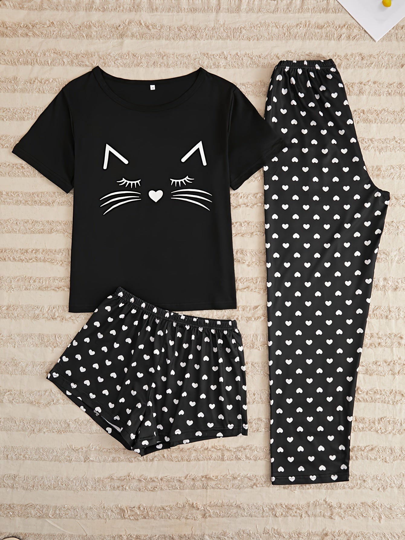 3pcs Cat & Heart Print Pajama Set Women's Loungewear Sleepwear