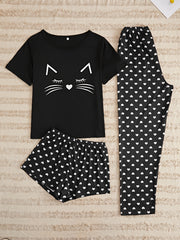 3pcs Cat & Heart Print Pajama Set Women's Loungewear Sleepwear