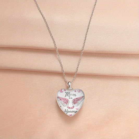 Pink Rhinestone Wing & Mom Is In Heaven Heart Pendant Necklace