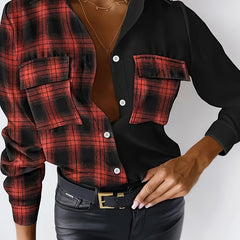  Colorblock Plaid Print Button-Up Blouse