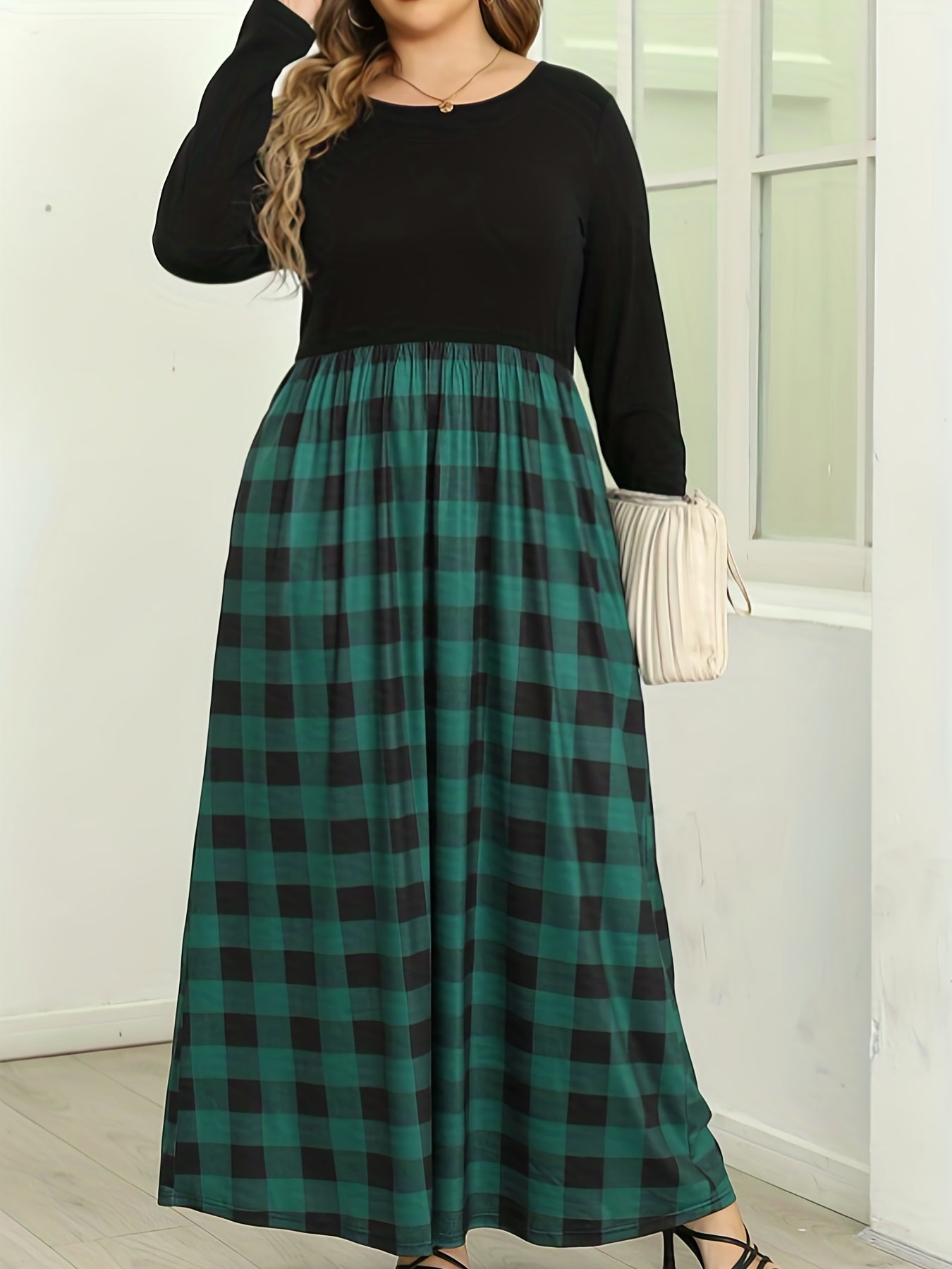  Colorblock Gingham Print Maxi Dress With Pockets