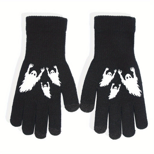 Halloween Ghost Pattern Touch Screen Gloves - Windproof Knitted Gloves