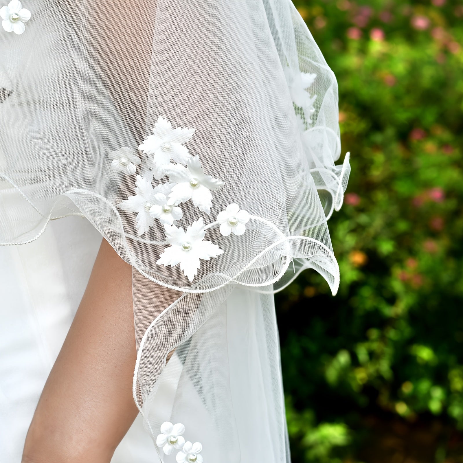 Floral Bridal Veil Double Layer Sheer Nylon Garden Wedding Romantic Accessory