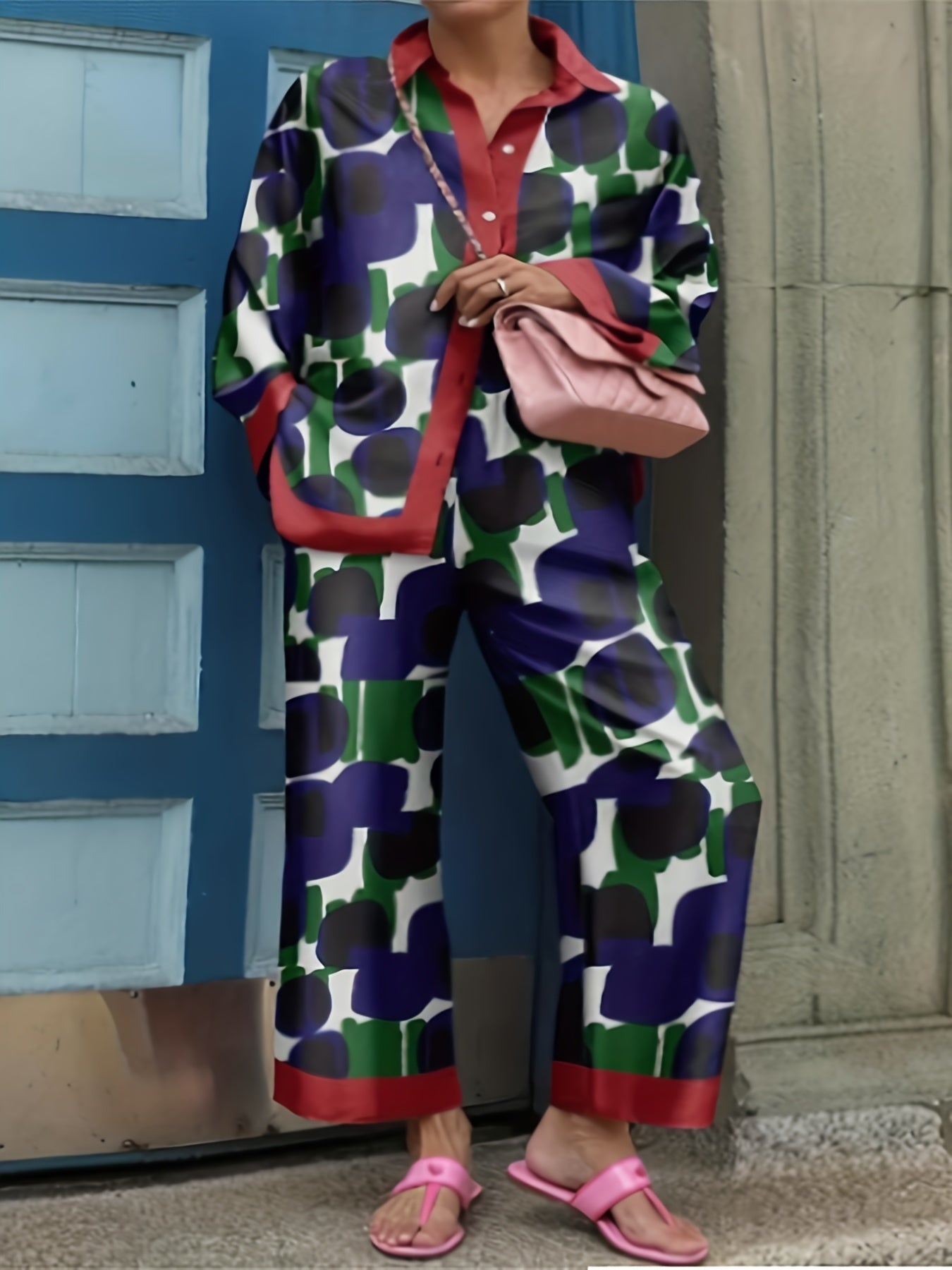  Boho Allover Print Long Sleeve Shirt & Pants Two Piece Set