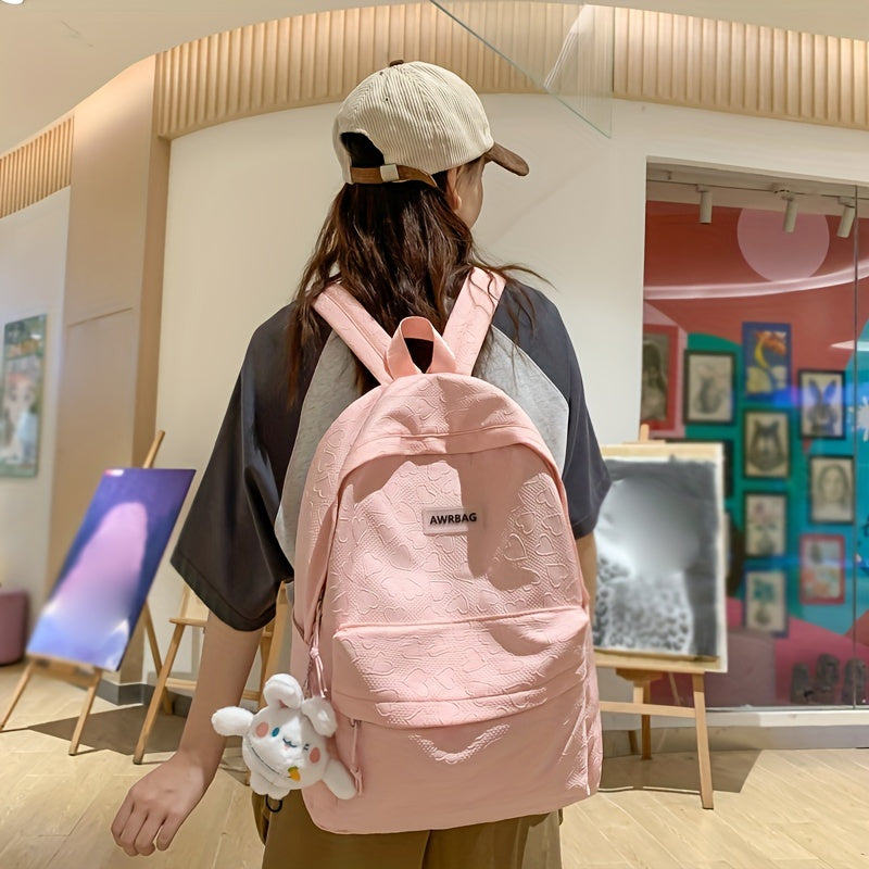 Heart Jacquard Backpack For Women Solid Rucksack Casual Travel Schoolbag