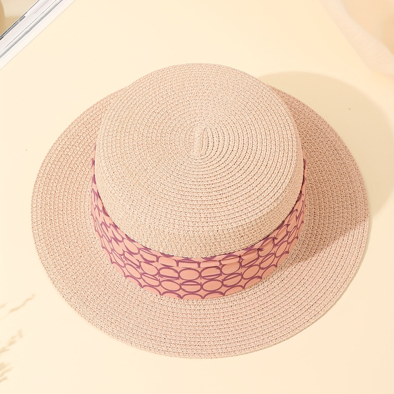 Pink Ribbon Decor Straw Hat Flat Top Jazz Sun Hat