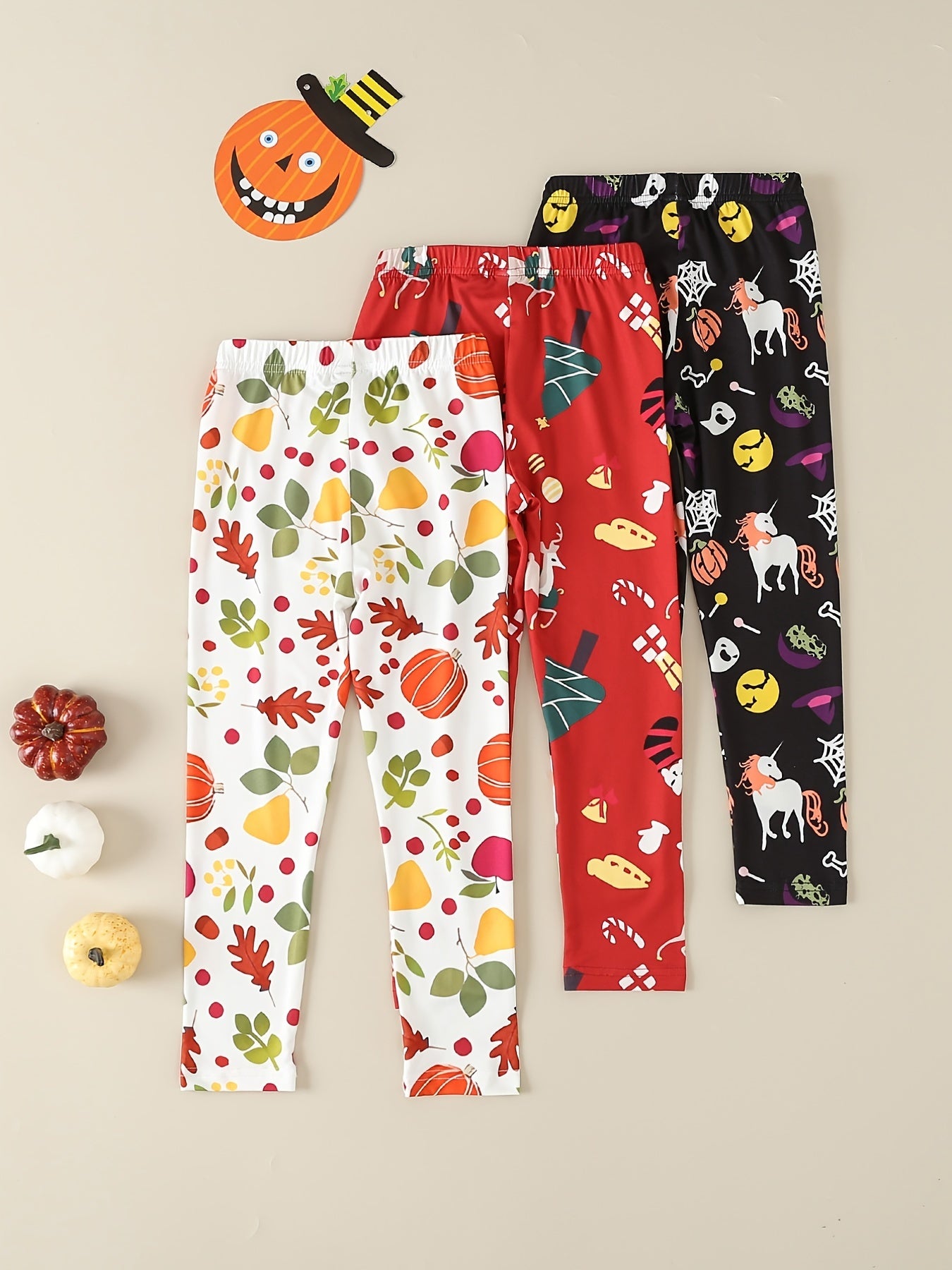3 Pcs Girls' Halloween & Christmas Stretch Leggings Pants