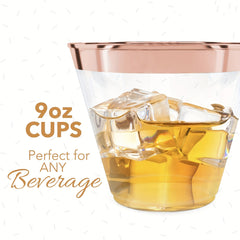 Rose Golden Disposable Plastic Cups for Parties Weddings - 9oz - Pack of 6