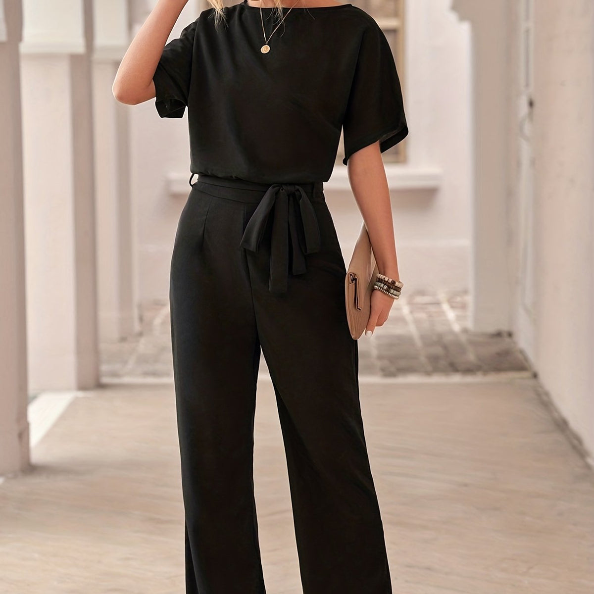 Solid Crew Neck Short Sleeve Jumpsuit High Waist Wide Leg Long Length With Belt