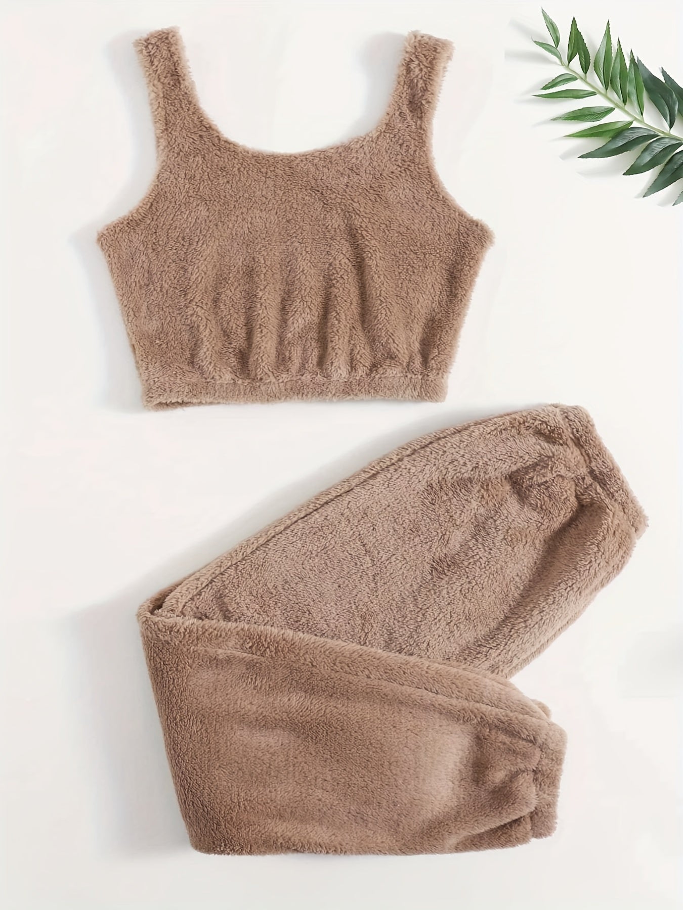 Solid Fuzzy Lounge Set Crew Neck Tank Top & Pants Women's Loungewear