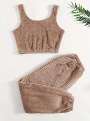 Solid Fuzzy Lounge Set Crew Neck Tank Top & Pants Women's Loungewear