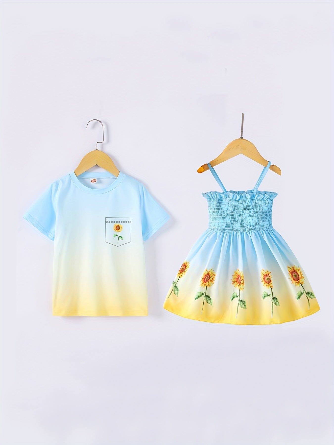 Sibling Matching Gradient Flower Print Shirts&Dress Set