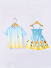 Sibling Matching Gradient Flower Print Shirts&Dress Set