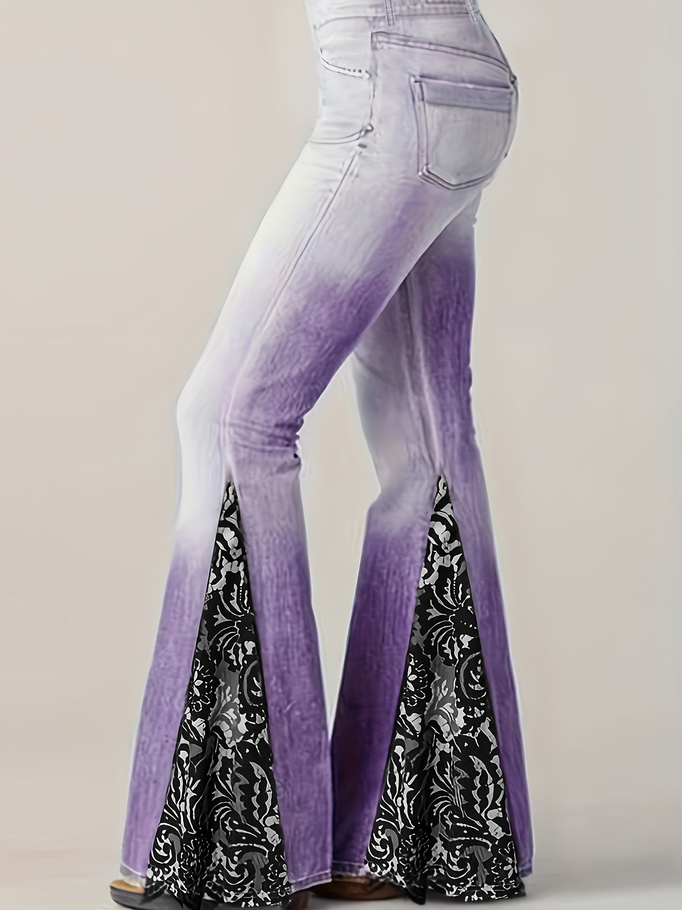  Ombre Denim Floral Bell Bottoms