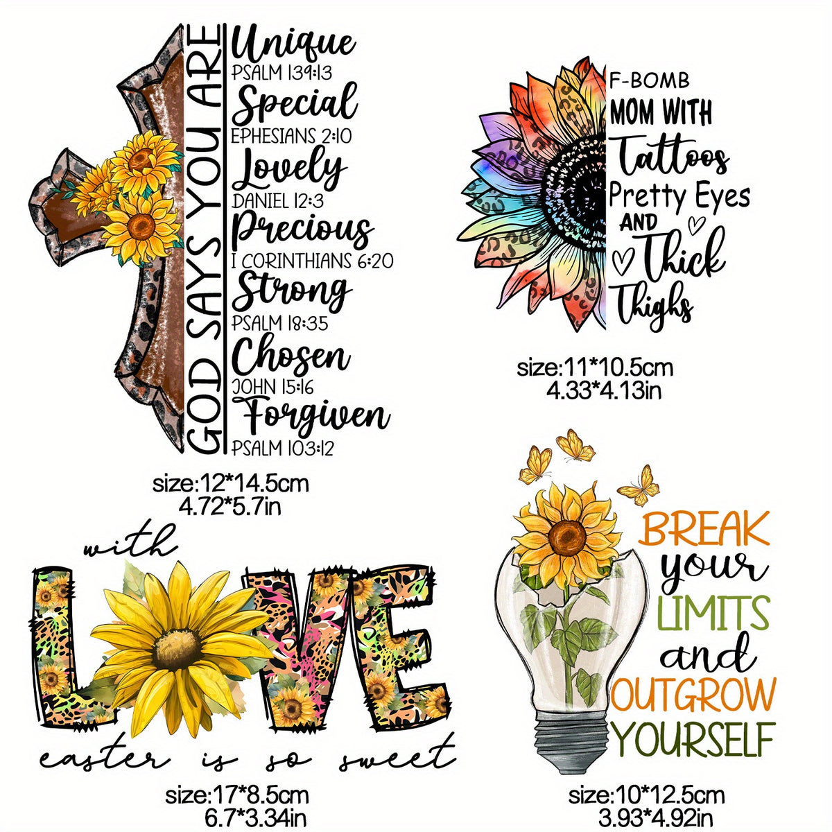 4 Pcs Sunflower Iron On Transfers Patches Decals Flower Appliques For T Shirts