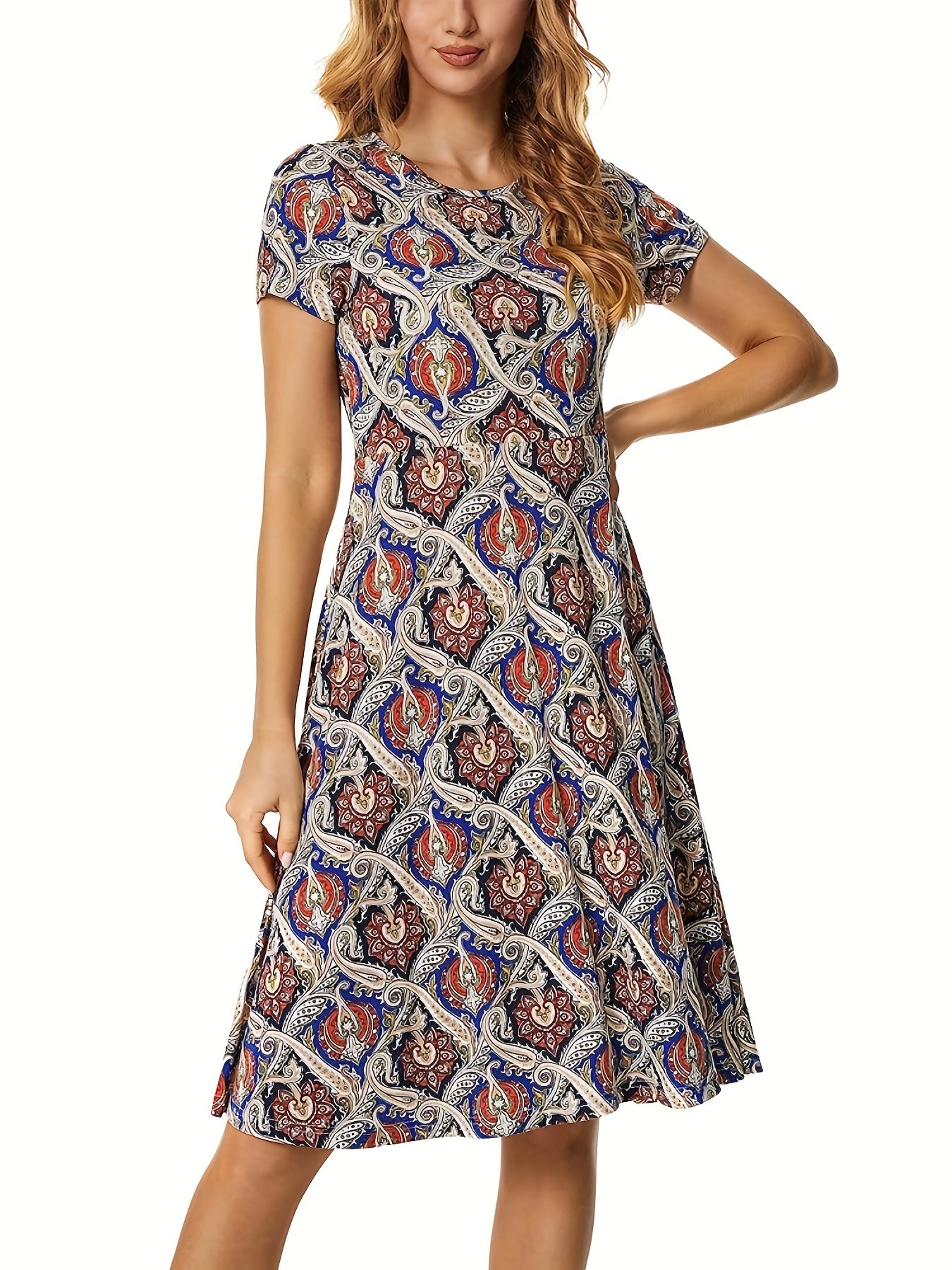 Paisley Print Dress Casual Short Sleeve Summer Dress