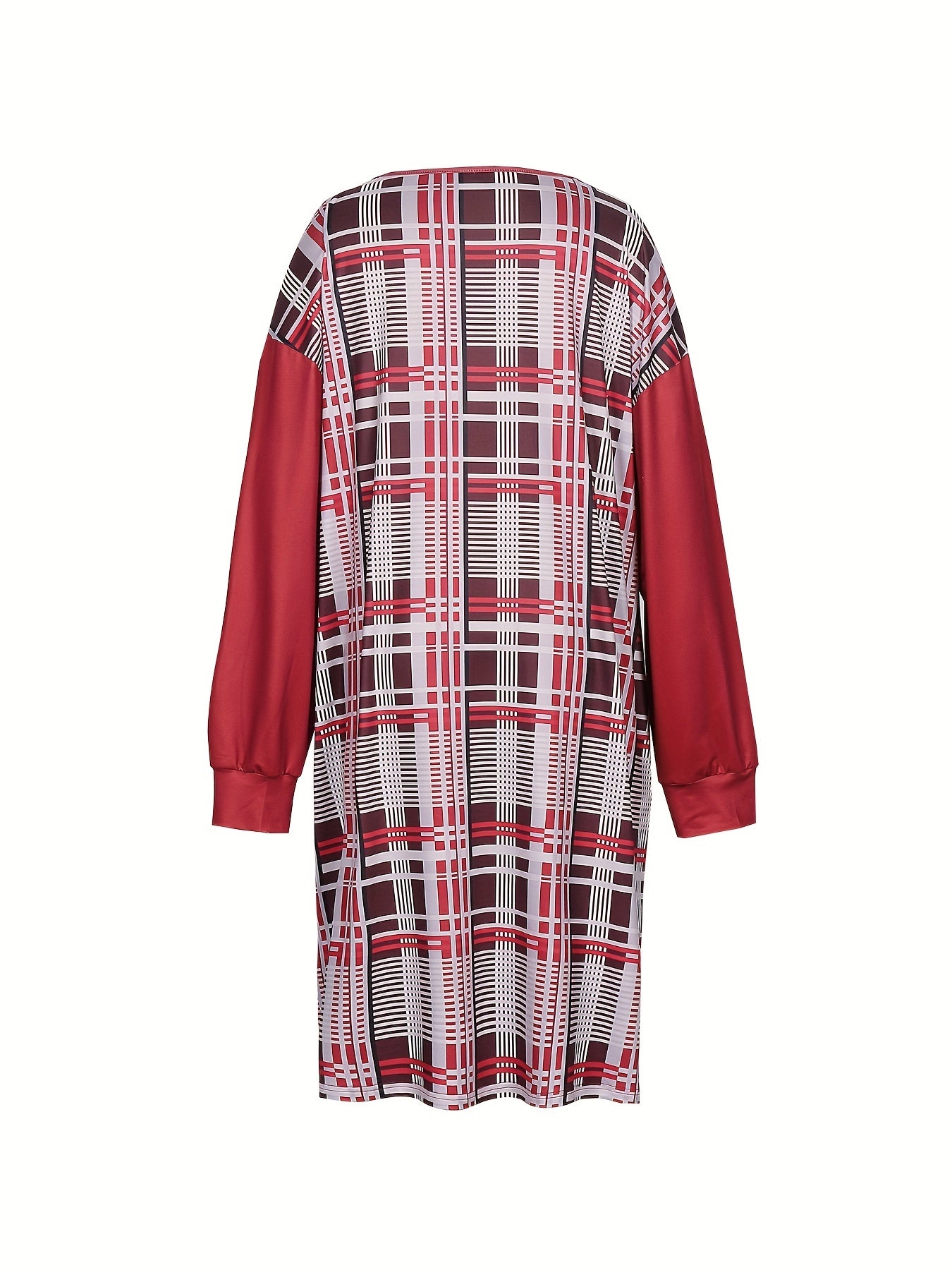  Colorblock Plaid Long Sleeve V Neck Dress With Pockets