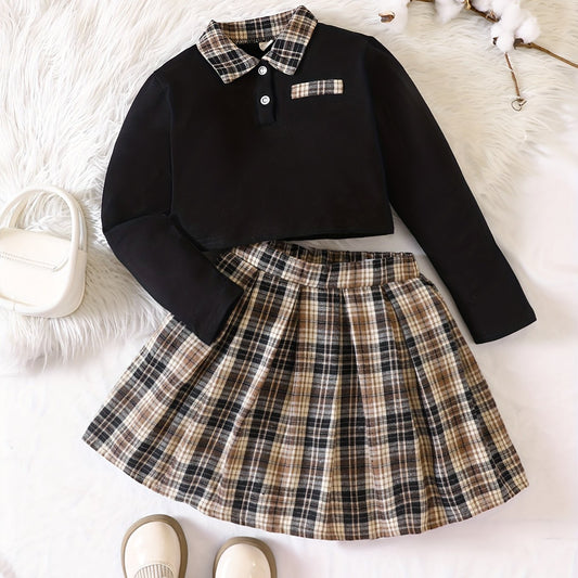 2pcs Preppy Style Sweater & Pleated Skirt Set