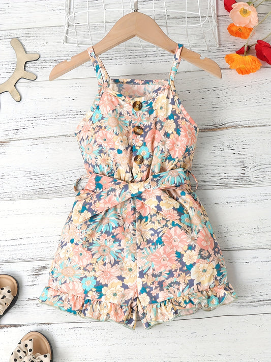 Girls Graphic Suspender Jumpsuit With Waist Belt Summer Kids Clothes