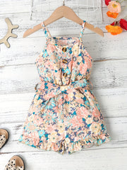 Girls Graphic Suspender Jumpsuit With Waist Belt Summer Kids Clothes