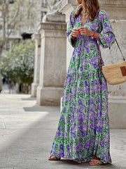 Boho Paisley Print Lantern Sleeve V Neck Smock Dress
