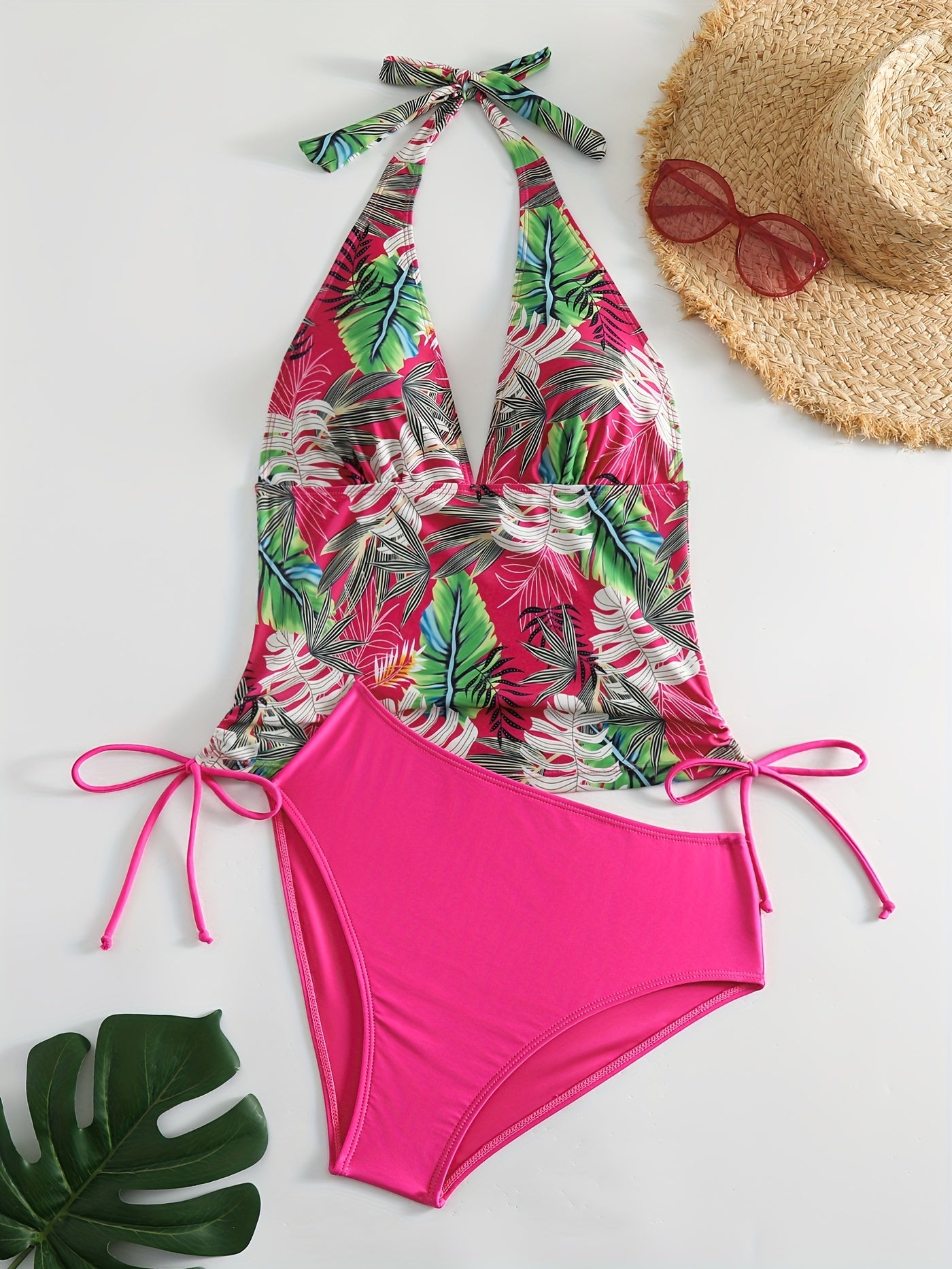 Dark Pink Tropical Print Tankini Sets V Neck Drawstring Tie Side High Cut