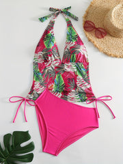 Dark Pink Tropical Print Tankini Sets V Neck Drawstring Tie Side High Cut