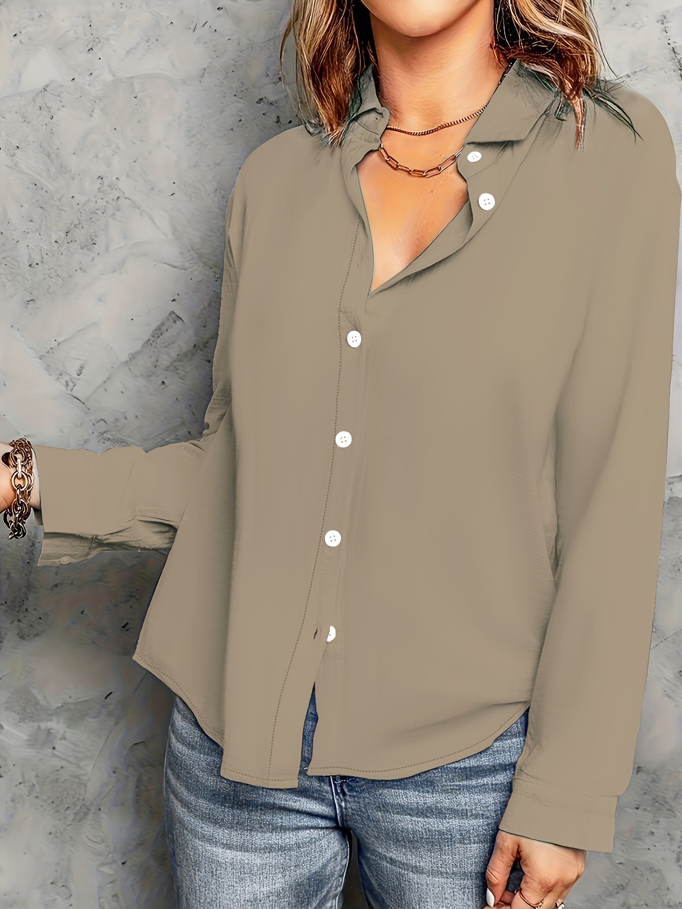  Casual Solid Long Sleeve Blouse Lapel Collar Top